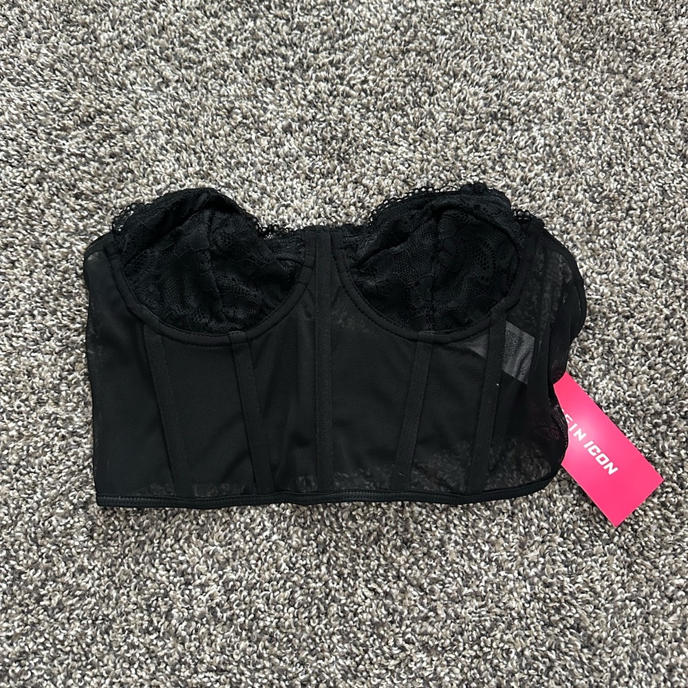 SHEIN ICON Lace Insert Backless Bustier Crop Mesh Tube Top